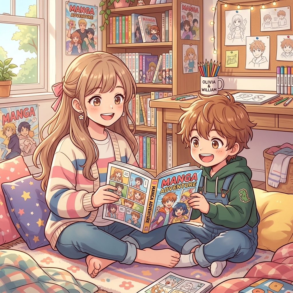Portrait animé d'Olivia et son petit frère William